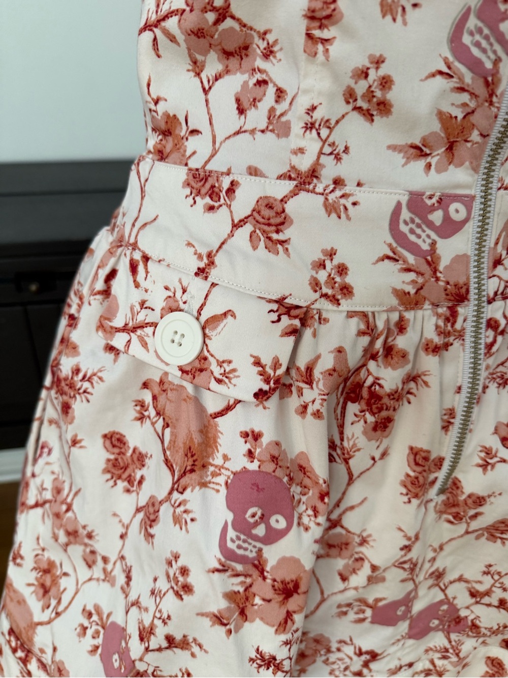 Betsey Johnson Cream and Rose Pink Floral Skull Strapless Party Dress - Picture 5 of 7